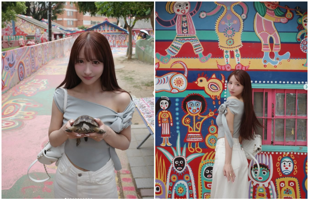 三上悠亞現身台中彩虹眷村「抱萌龜」 上衣滑落飄仙氣